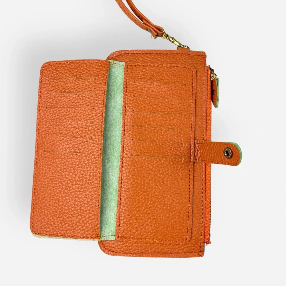 Women's Vegan Leather Wristlet Orange Zip Wallet Cellphone Holder‎ Clutch Bag